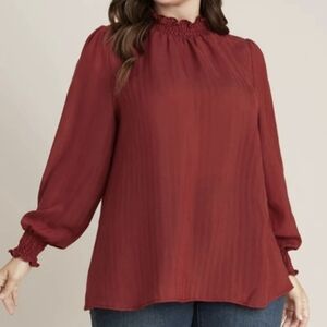 BloomChic Dark Red Smocked Mock Neck Lantern Sleeve Blouse